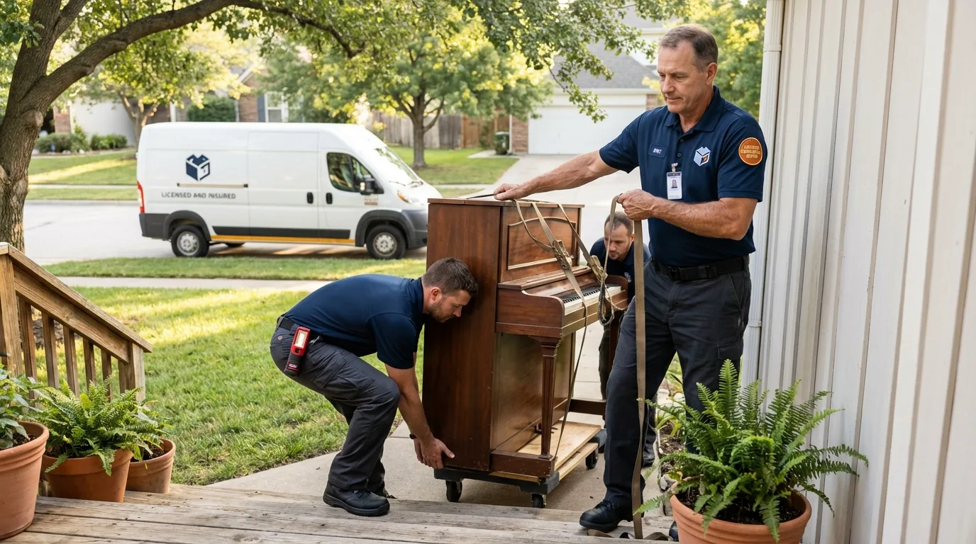 Licensed piano movers securing grand piano in Black Earth, WI